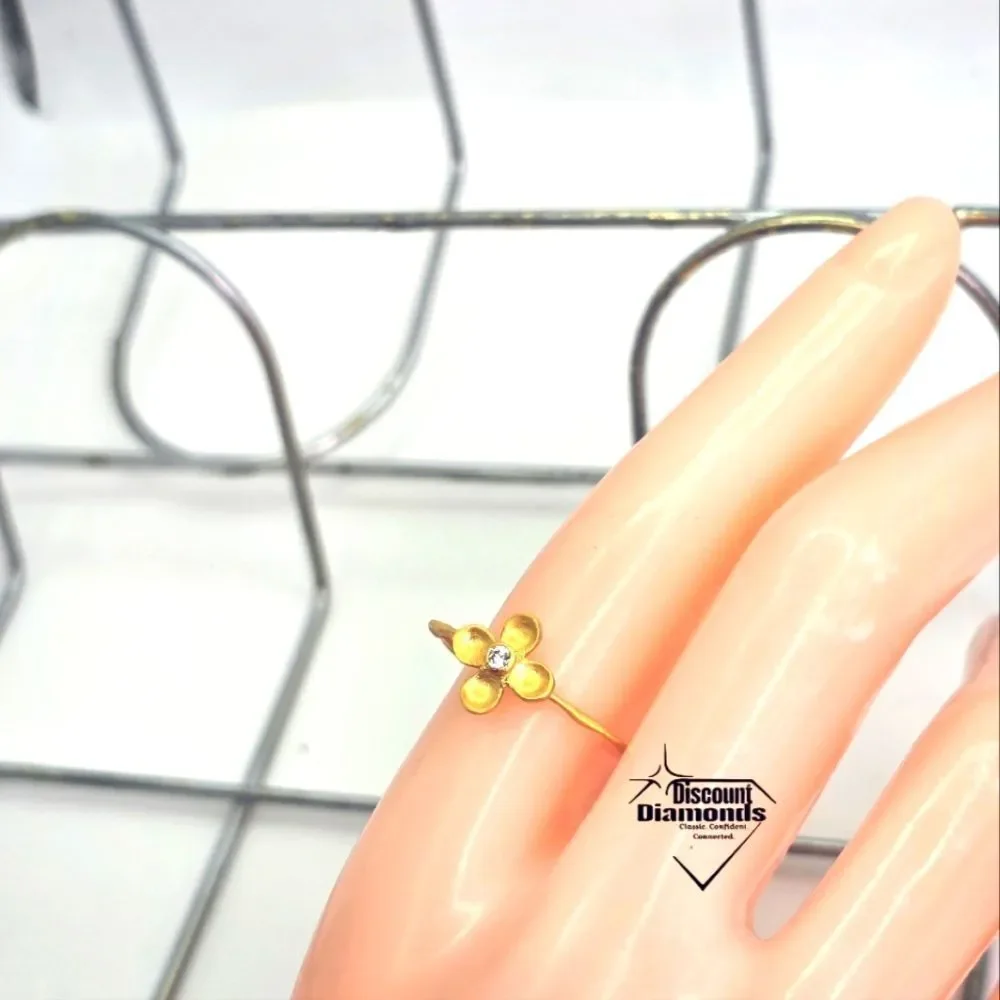 Four Petal Flower Gold Stacker Ring with Natural White Topaz Stone on 18K Gold